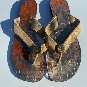 Tory Burch Leather Metallic Gold Logo Flip Flops